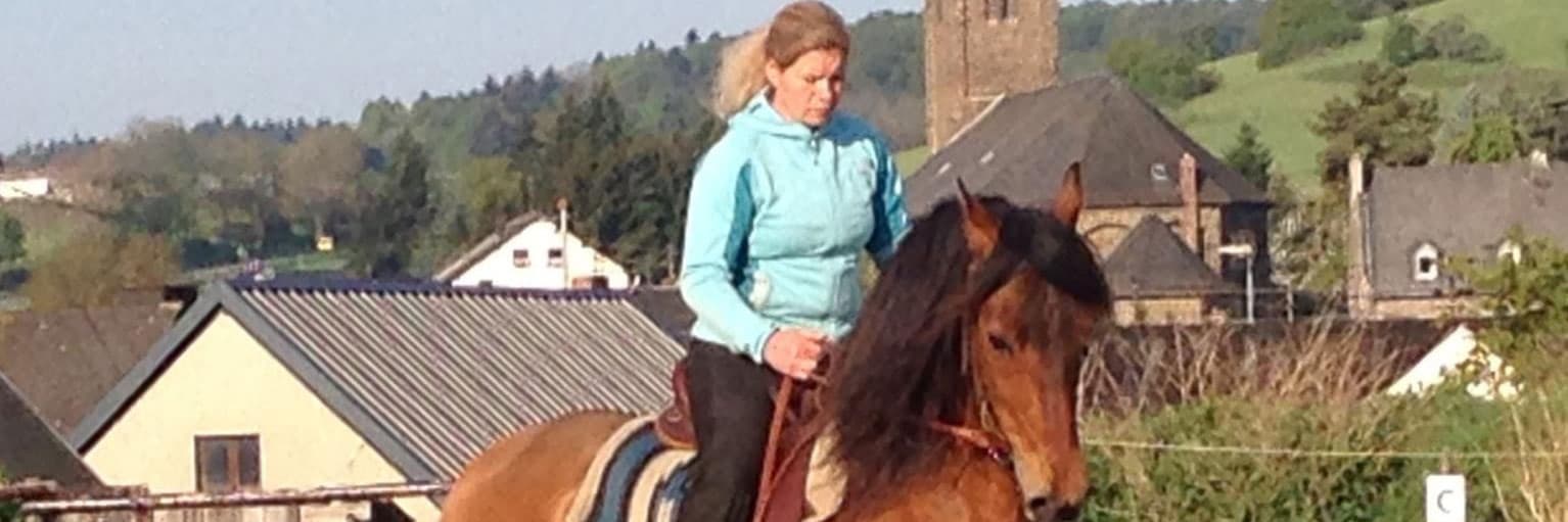Sabine Brück reitet ein braunes Pferd vor einer Dorfkulisse